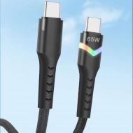 Apera NR9 Type-C to Type-C iPhone Android Uyumlu 65W PD LED Işıklı Kablo Hızlı Şarj Örgü Kablo