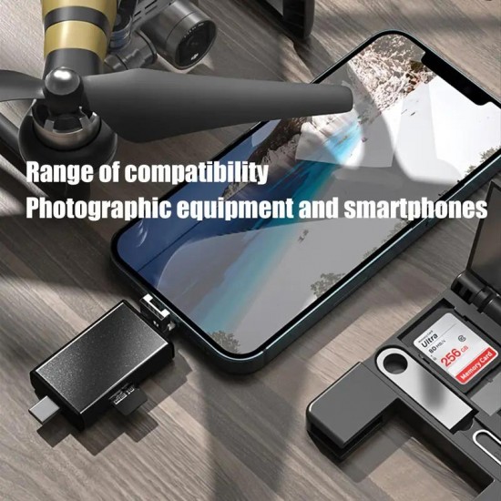 Apera NR19 OTG 7 in 1 Lightning Type C Micro USB Hafıza Kart Okuyucu IOS 13 iPhone Android Kart Saklama Kutusu