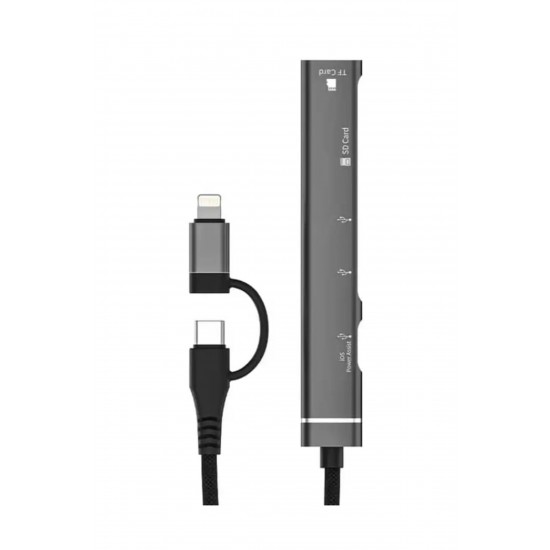 NR43 5in1 HUB Thunderbolt 3 Mac Type-C Lightning Multi Girişli Dock USB 3.0 Kart Okuyuculu Hızlı Şarj Aleti Alüminyum Kasa