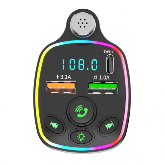 Apera NR67 RGB Renkli FM Radyo Transmitter MP3 Çalar Bluetooth 5.0 Çakmaklık Type-C Hızlı Şarj Aleti