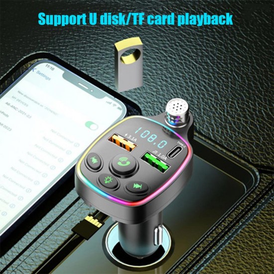 Apera NR67 RGB Renkli FM Radyo Transmitter MP3 Çalar Bluetooth 5.0 Çakmaklık Type-C Hızlı Şarj Aleti