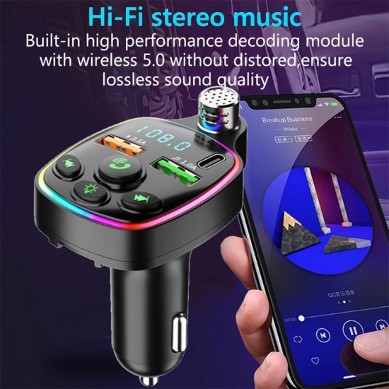 Apera NR67 RGB Renkli FM Radyo Transmitter MP3 Çalar Bluetooth 5.0 Çakmaklık Type-C Hızlı Şarj Aleti