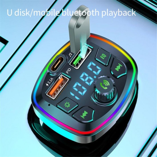 Apera NR74 RGB Renkli FM Radyo Transmitter MP3 Çalar Bluetooth 5.0 Çakmaklık Type-C Hızlı Şarj Aleti