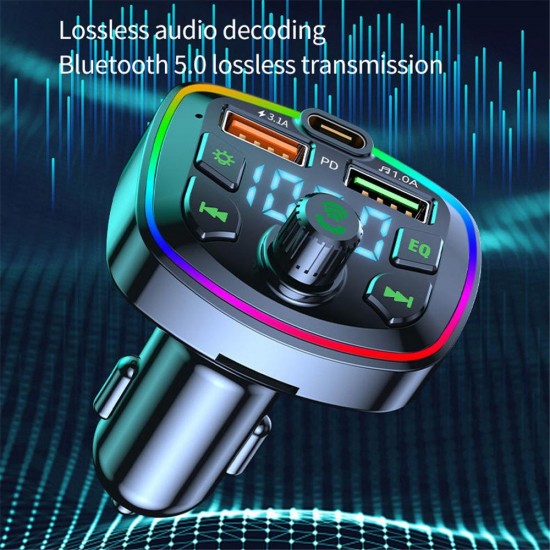 Apera NR74 RGB Renkli FM Radyo Transmitter MP3 Çalar Bluetooth 5.0 Çakmaklık Type-C Hızlı Şarj Aleti