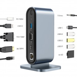 MT53 Type-C USB Adaptör Hub 12in1 4K HDMI VGA 4ad USB 3.0 RJ45 100Mbps SD Kart Okuyucu 3.5mm Ses 100W PD Telefon Hızlı Şarj Aleti