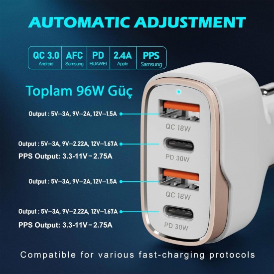 MT36 4 Portlu Type-C USB Araç Hızlı Şarj Çakmaklık Adaptörü Toplamda 96W Şarj Gücü QC 3.0 18W PD 30W Turbo Şarj Desteklemez