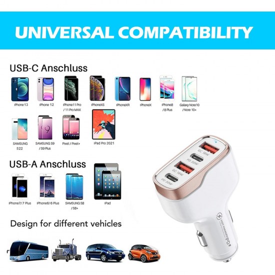 MT36 4 Portlu Type-C USB Araç Hızlı Şarj Çakmaklık Adaptörü Toplamda 96W Şarj Gücü QC 3.0 18W PD 30W Turbo Şarj Desteklemez