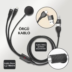 Apple Watch ile Uyumlu Kablosuz Şarj Aleti Örgü Kablo 5in1 Tüm iPhone ile Uyumlu USB PD Type C 100W Şarj