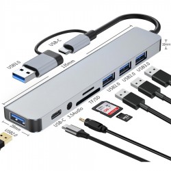 Apera MT96 OTG Kablolu Çoklayıcı Type-C USB Girişli 8in1 Adaptör Hub Çoğaltıcı Kart Okuyucu Aux