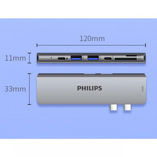Philips Mac-Book Pro Air USB Adaptör Hub, 7 in 1 4k HDMI 2x USB 3.0 Thunderbolt 3 PD Hızlı Şarj Tamamı Metal Kasa 5Gbps Veri Aktarımı