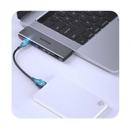 Philips Mac-Book Pro Air USB Adaptör Hub, 7 in 1 4k HDMI 2x USB 3.0 Thunderbolt 3 PD Hızlı Şarj Tamamı Metal Kasa 5Gbps Veri Aktarımı