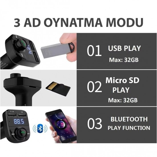 GA02 Otomatik Frekans Tanımalı FM Radyo Transmitter 3.1A Hızlı Şarj Micro SD Bluetooth MP3 Çalar Çakmaklık