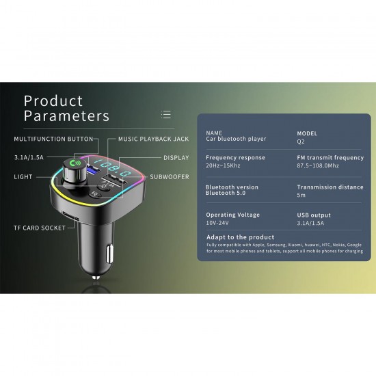 GA03 RGB Renkli FM Transmitter MP3 Çalar Bluetooth 5.3 Çakmaklık Hızlı Şarj Aleti