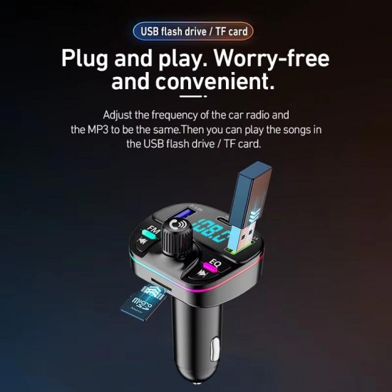 GA04 PD20W Qualcomm 3.0 Hızlı Şarj Aleti RGB Renkli FM Transmitter MP3 Çalar Bluetooth 5.3 Çakmaklık