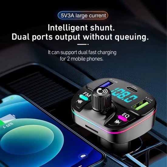 GA04 PD20W Qualcomm 3.0 Hızlı Şarj Aleti RGB Renkli FM Transmitter MP3 Çalar Bluetooth 5.3 Çakmaklık