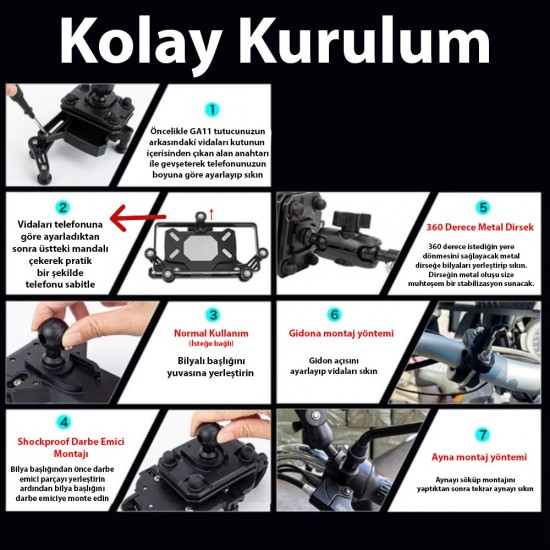 Apera GA11 Motosiklet Bisiklet Telefon Tutucu İster Ayna İster Gidon Tuttur İkisi Bir Arada Şok Emici Damperli