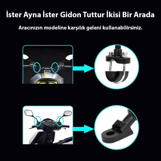Apera GA12 Motosiklet Bisiklet Telefon Tutucu İster Ayna İster Gidon Tuttur İkisi Bir Arada Şok Emici Damperli