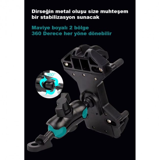 Apera GA34 Motosiklet Bisiklet Telefon Tutucu İster Ayna İster Gidon Tuttur İkisi Bir Arada Şok Emici Damperli