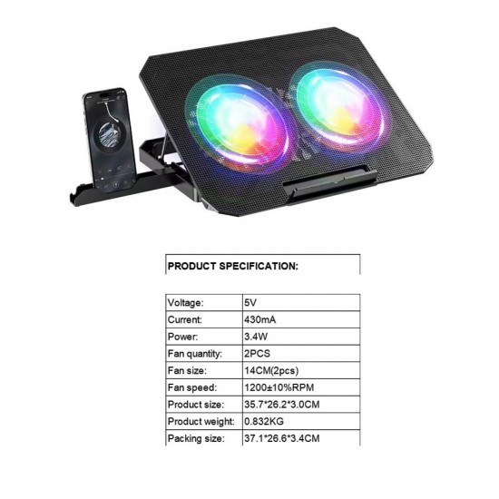 Ga48 Dizüstü Bilgisayar Soğutucu Laptop Standı 2 Adet 14CM FAN RGB LED Telefon Tutucu Yükseklik Ayarlı
