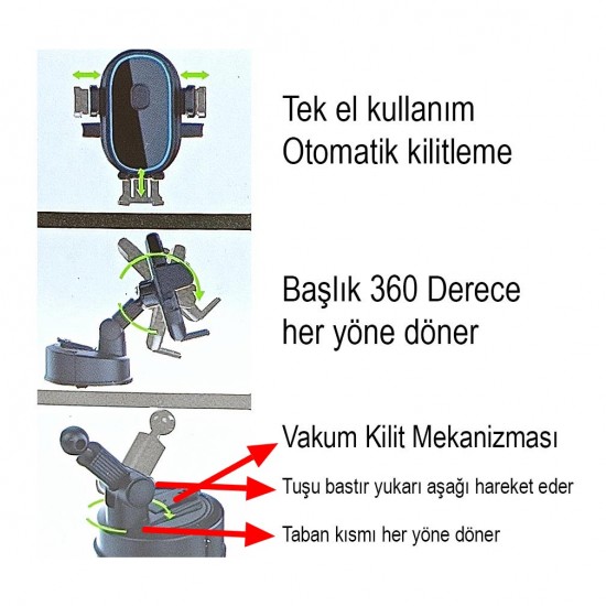 Apera Ga72 Araç Telefon Tutucu Büyük Vakumlu Tek El Kullanım Otomatik Kilitleme