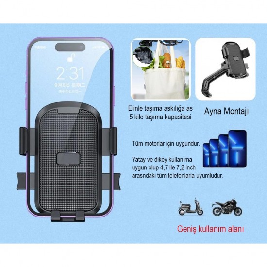 Apera Ga75 Motor Motosiklet Telefon Tutucu Tek El Kullanım Pazar Poşeti Askılıklı Ayna Montaj