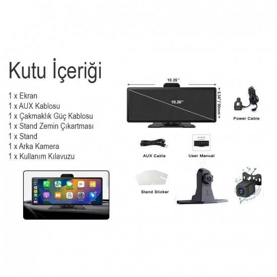 Apera Ga83 10 İnç 4K DVR Araç İçi Elle Dönen Kamera ve Geri Görüş Carplay Android Auto FM Radyo