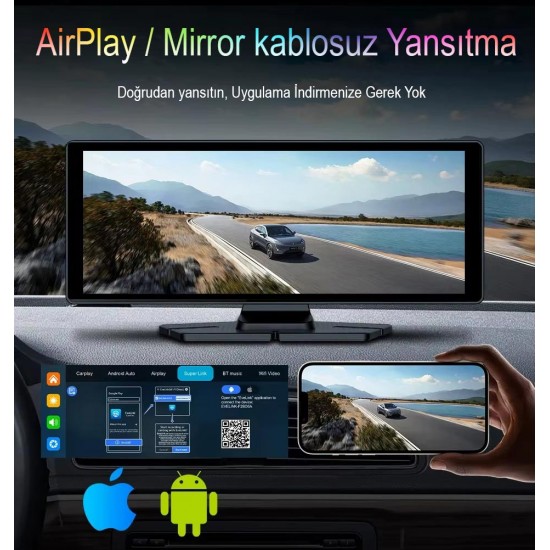 Apera Ga83 10 İnç 4K DVR Araç İçi Elle Dönen Kamera ve Geri Görüş Carplay Android Auto FM Radyo