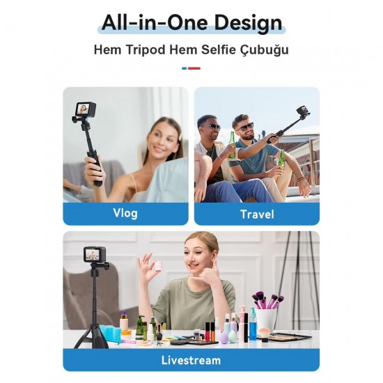 Telesin Ga85 Alüminyum Kasa Selfie Çubuğu Tripod Monopod GoPro Insta360 DJI Osmo Aksiyon Kamerası Canlı Yayın Standı