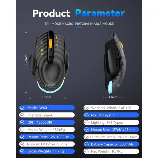Mkespn SXS-W601 7 Tuşlu Gaming Mouse Karbon Fiber 3 Modlu Kablolu - Bluetooth - USB Alıcılı 12800 DPI Makro Tanımlı Oyun Faresi