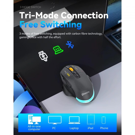 Mkespn SXS-W601 7 Tuşlu Gaming Mouse Karbon Fiber 3 Modlu Kablolu - Bluetooth - USB Alıcılı 12800 DPI Makro Tanımlı Oyun Faresi