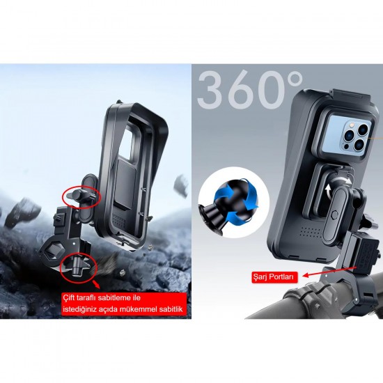 CR04 Motosiklet Bisiklet Gidon Telefon Tutucu Su Geçirmez Buğu Tutmaz Type-c ve USB Şarj Portu Tek El Kullanım