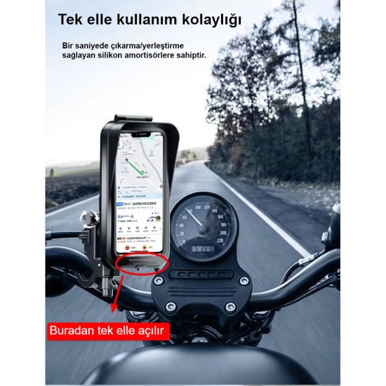 CR04 Motosiklet Bisiklet Gidon Telefon Tutucu Su Geçirmez Buğu Tutmaz Type-c ve USB Şarj Portu Tek El Kullanım