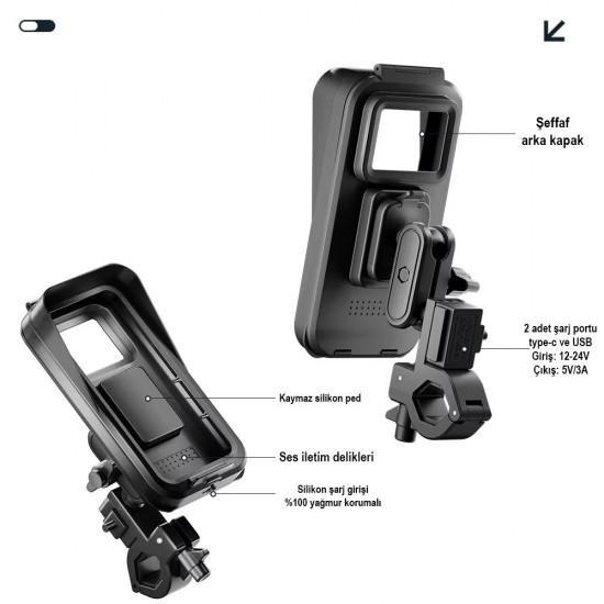 CR04 Motosiklet Bisiklet Gidon Telefon Tutucu Su Geçirmez Buğu Tutmaz Type-c ve USB Şarj Portu Tek El Kullanım