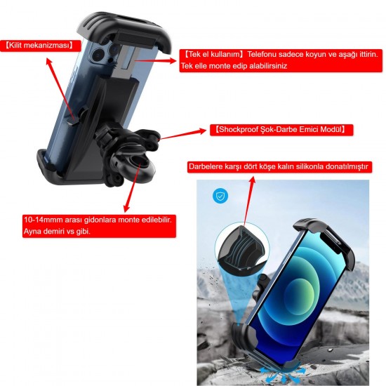 Apera Cr08 Vespa, Arora Cappuccino, Lambretta, Peugeot Modelleri ile Uyumlu Motor, Bisiklet, Motosiklet Telefon Tutucu 10-14mm Genişlikteki Barlar İçin, Kilit Sistemli, Şok Emici Damperli, Tek El Kullanımlı, Titreşim Önleyicili