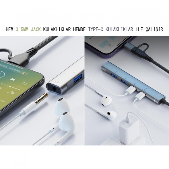 CR28 5in1 Type-C i-Phone 15 ve Üstü & USB-A Hub i-OS PD Çoklayıcı Adaptör 3,5mm Kulaklık Çıkışlı Alüminyum Kasa