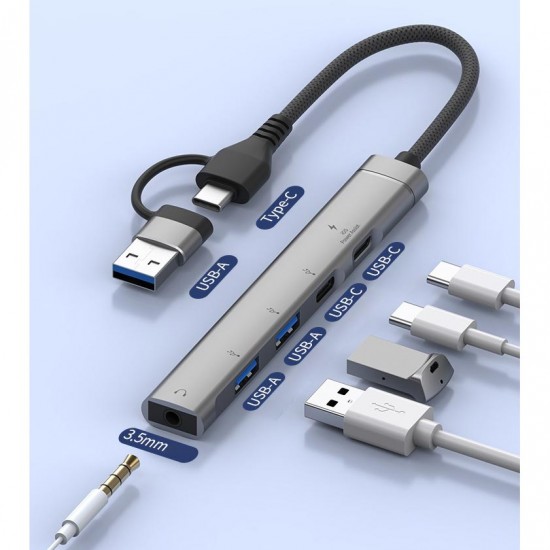 CR28 5in1 Type-C i-Phone 15 ve Üstü & USB-A Hub i-OS PD Çoklayıcı Adaptör 3,5mm Kulaklık Çıkışlı Alüminyum Kasa