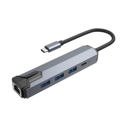 Cr33 5in1 Type-C Adaptör Çevirici, 3 Adet USB 3.0 5Gbps Hızında Port, 1000 Mbps Ethernet RJ45, PD 87W Hızlı Şarj Portu