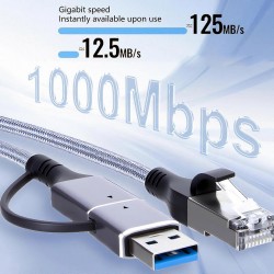 CR35 2in1 Type-C ve USB 3.0'dan 1000 Mbps RJ45 Ethernet 2 Mt Kablo Ağ Kablosu Alüminyum Kasa Kopmaz Örgü Kablo