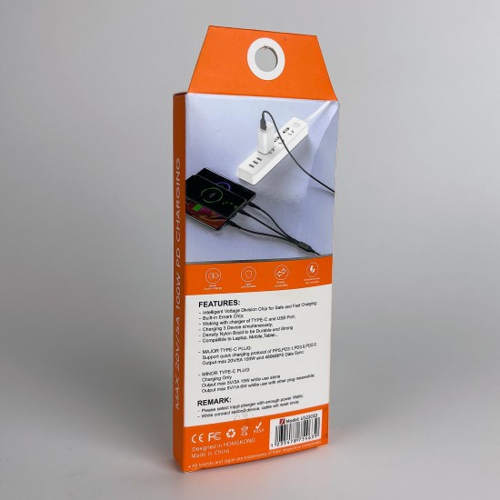 CR40 100W Type-C ve USB'den 3 Adet Type-C'ye PD Hızlı Şarj Örgü Kablo 3in2 Emark Çipi 20V5A