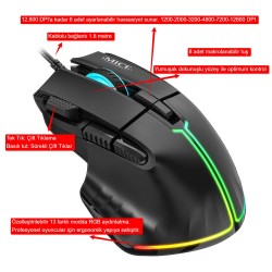 iMCE T50 Gaming Mouse, 12800 DPI, Çift Tıklama Ateş Tuşu, 8 Makrolanabilir Tuşlu, 13 Modlu RGB