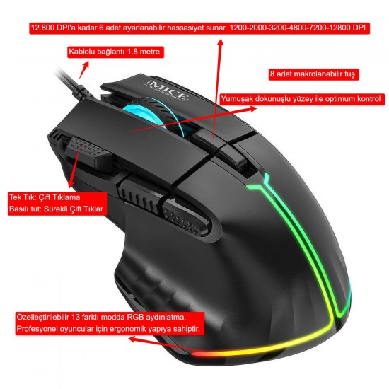 iMCE T50 Gaming Mouse, 12800 DPI, Çift Tıklama Ateş Tuşu, 8 Makrolanabilir Tuşlu, 13 Modlu RGB