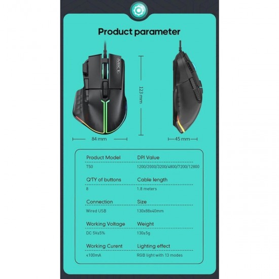iMCE T50 Gaming Mouse, 12800 DPI, Çift Tıklama Ateş Tuşu, 8 Makrolanabilir Tuşlu, 13 Modlu RGB