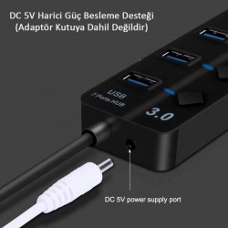 Onezero 1215 Bağımsız Şalterli 4 Portlu Güç Beslemeli USB Hub Çoklayıcı (1x USB 3.0 + 3x USB 2.0) – 1.2 Metre Kablolu Masaüstü Dağıtıcı