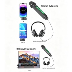 MC9 Profesyonel Kablosuz Canlı Yayın Mikrofonu Dahili Ses Kartlı, Type-C ve iPhone ile Uyumlu