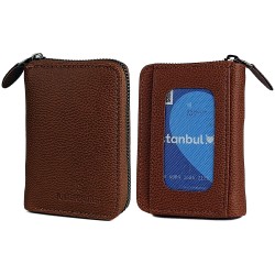 Apera BN89 Suni Deri Erkek Cüzdan Fermuarlı 15 Kartlık Kağıt Para Bölmeli Pencereli (Taba)